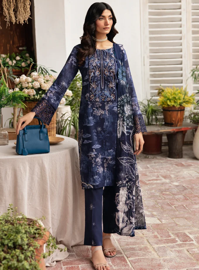 Ramsha Rangrez Blue Embroidered Lawn Suit 3 Pcs