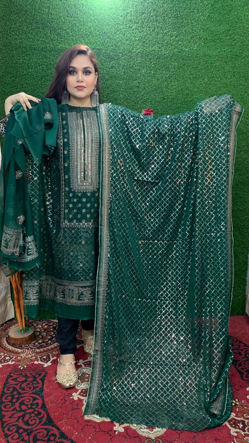 Bottle Green 4 Piece Pure Chiffon Suit