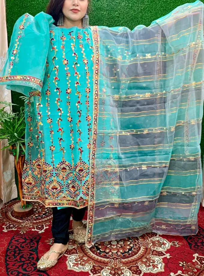 4 Piece Sea Blue Organza Suit