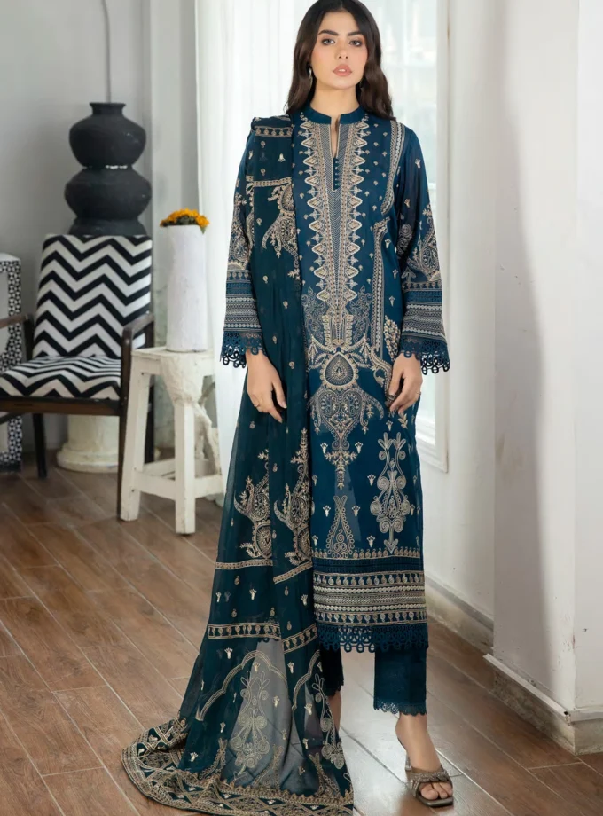 Johra Pinks Dark Cyan Embroidered Swiss Voile Dress