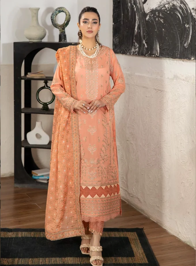 Johra Pinks Peach Embroidered Swiss Voile Dress