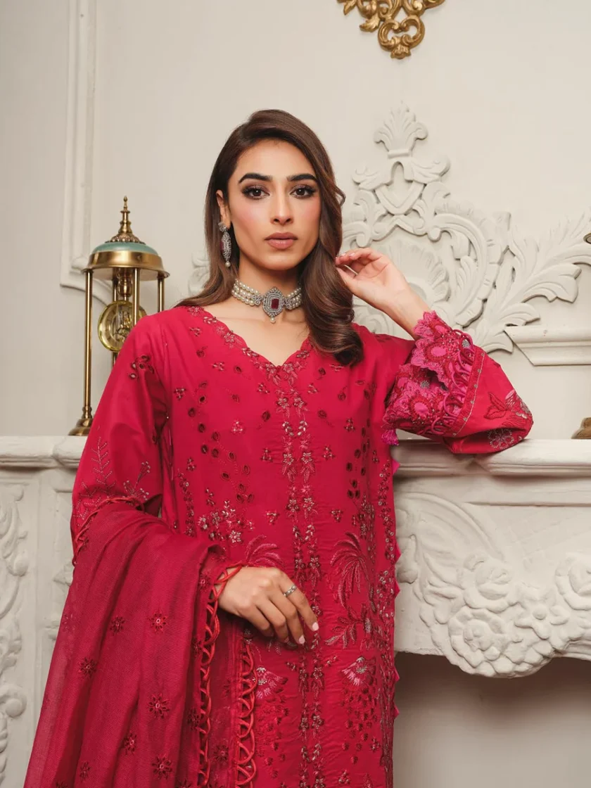 Khoobsurat 3 Piece Red Embroidered Lawn Suit SLC-04 - Image 2