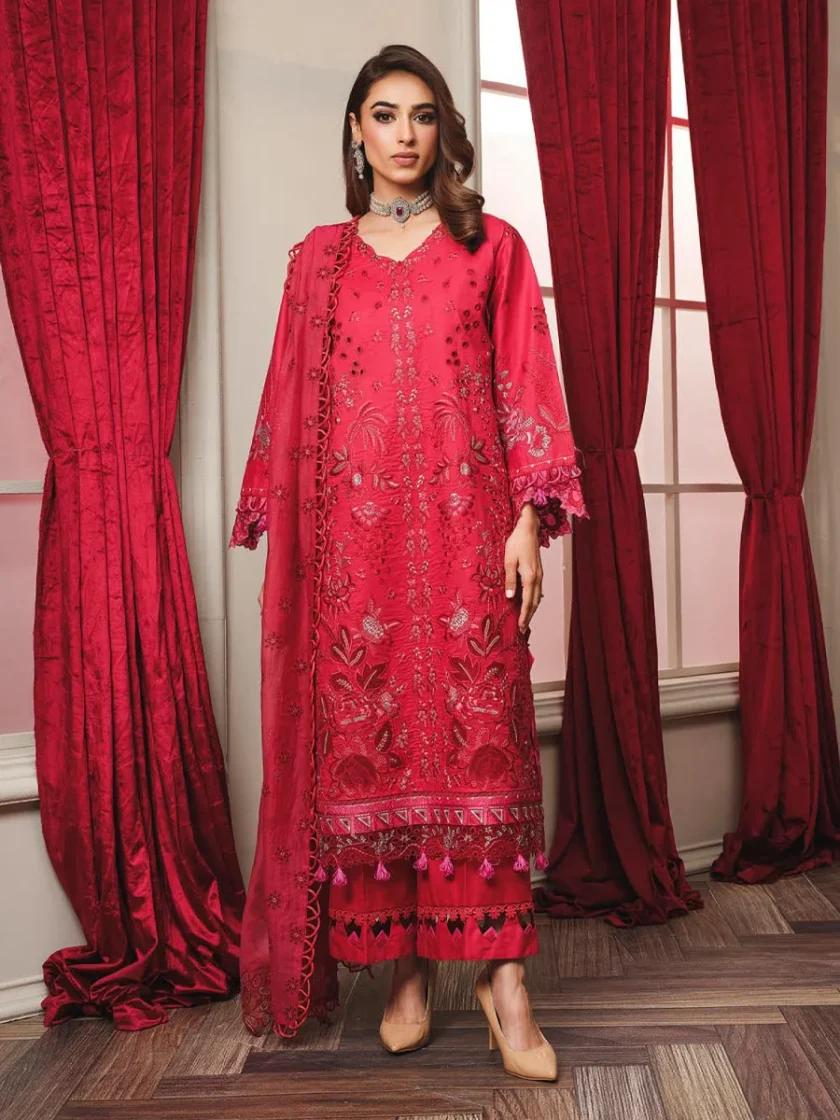 Khoobsurat 3 Piece Red Embroidered Lawn Suit SLC-04 - Image 4