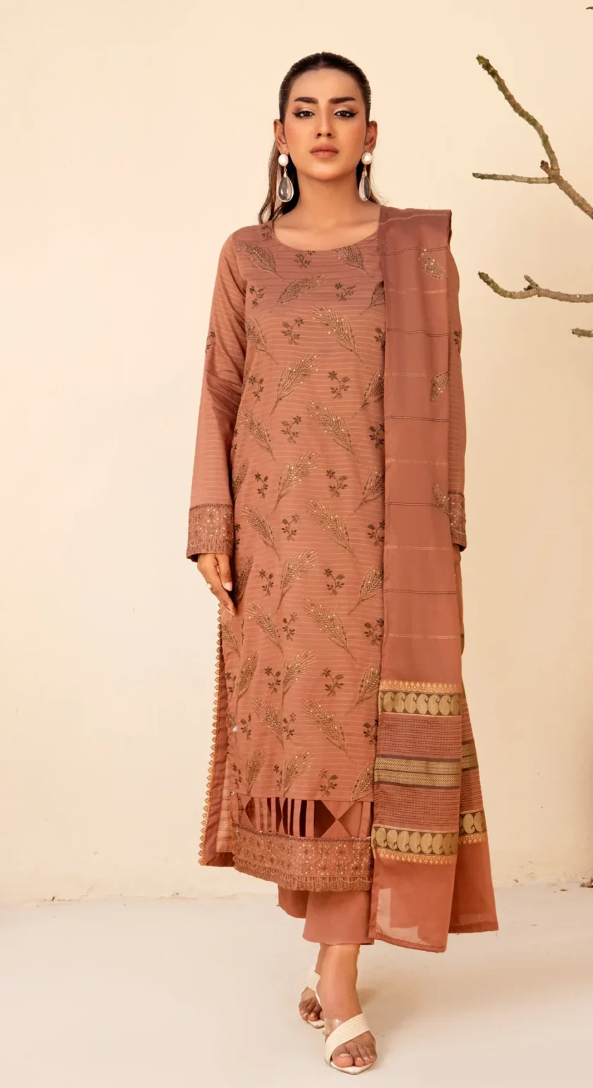 Virsa by Mahay 3 Piece Brown Fancy Lawn Embroidered Dress