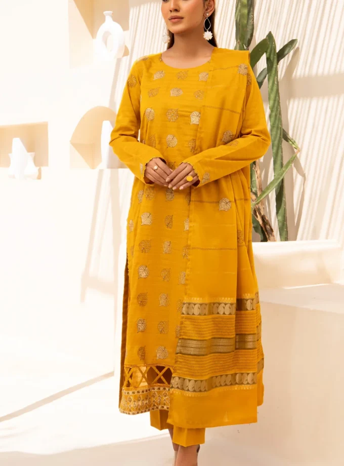 Virsa by Mahay 3 Piece Mustard Fancy Lawn Embroidered Dress