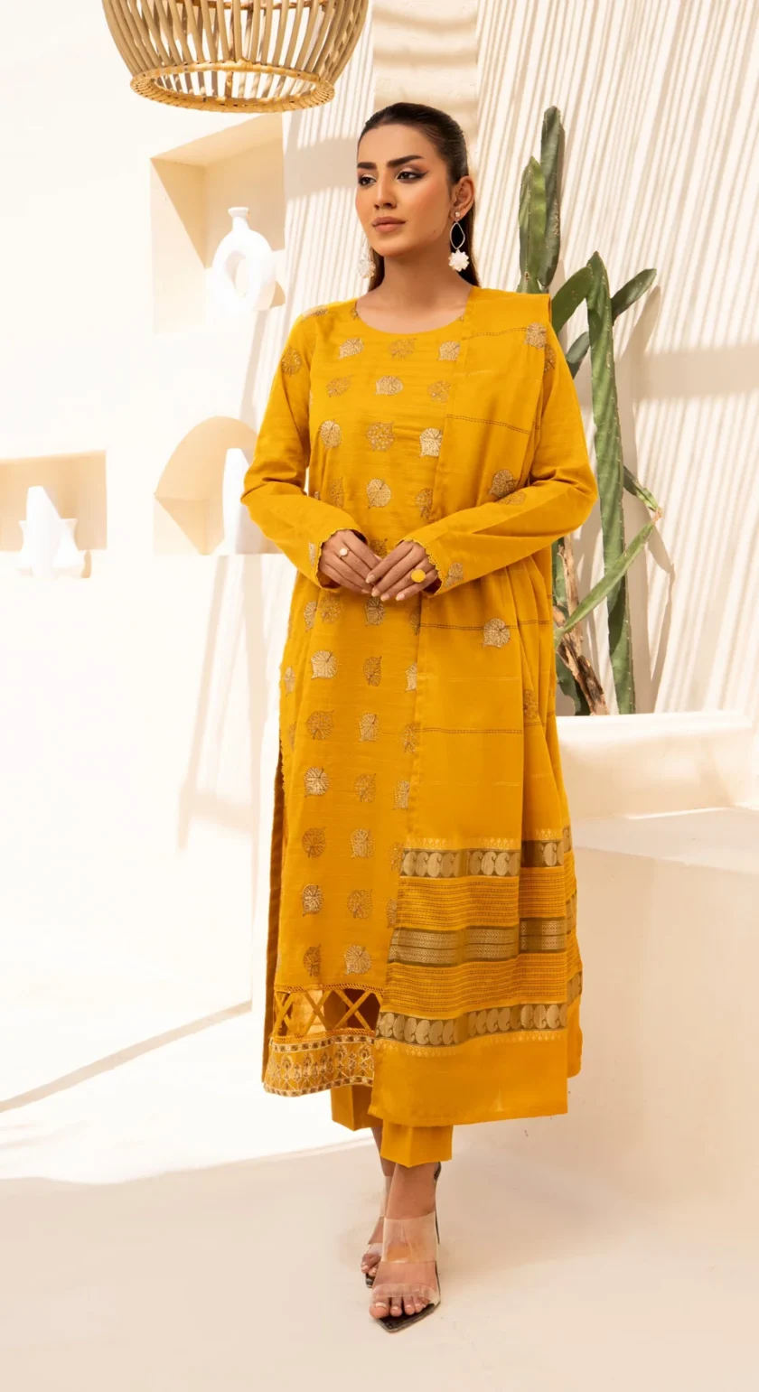 Virsa by Mahay 3 Piece Mustard Fancy Lawn Embroidered Dress