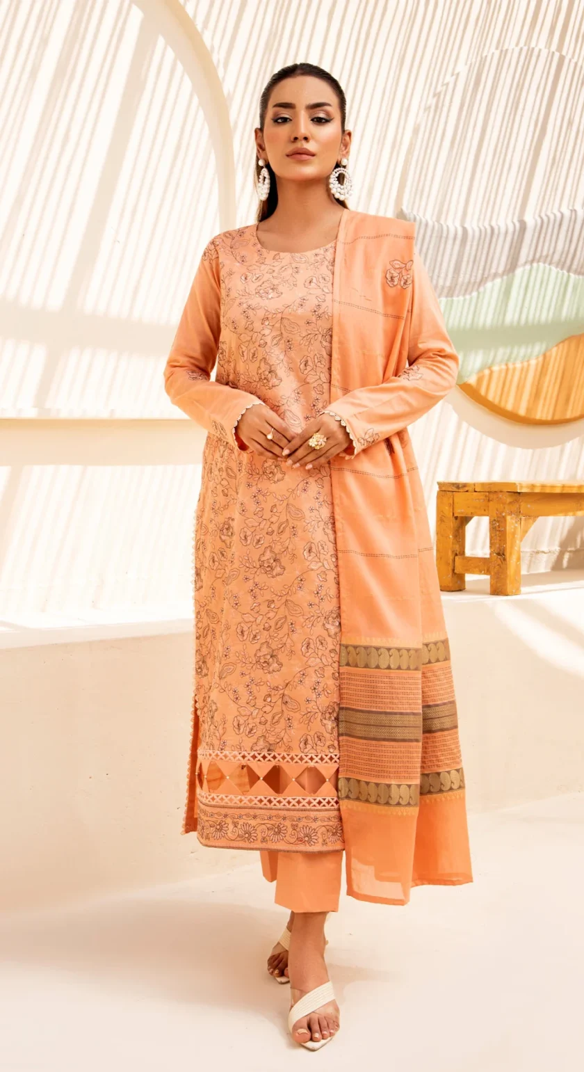 Virsa by Mahay 3 Piece Peach Fancy Lawn Embroidered Dress