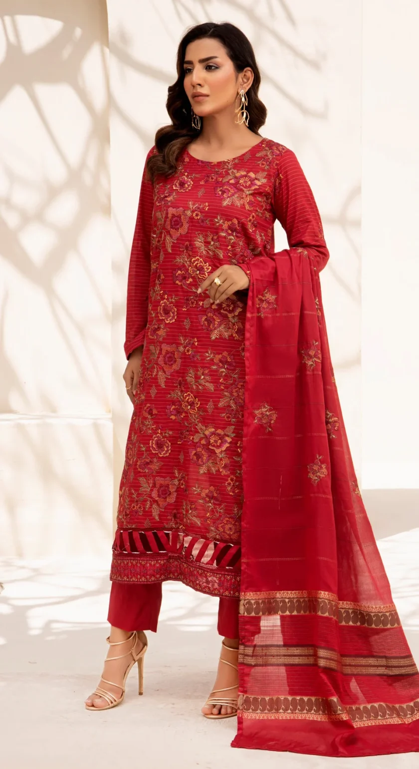 Virsa by Mahay 3 Piece Red Fancy Lawn Embroidered Dress