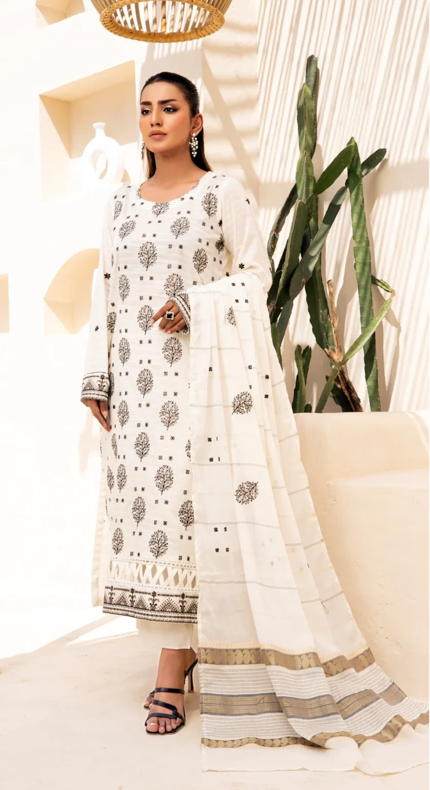 Virsa by Mahay 3 Piece White Fancy Lawn Embroidered Dress