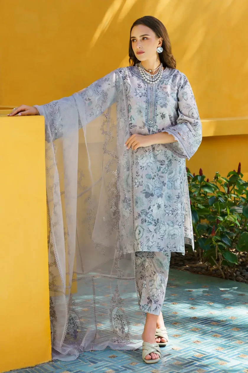 Baroque Embroidered Printed Lawn Dress 3 Pcs - Image 3