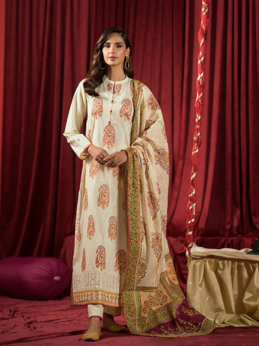 GullJee Ufaaq Beige Embroidered Luxury Lawn Dress