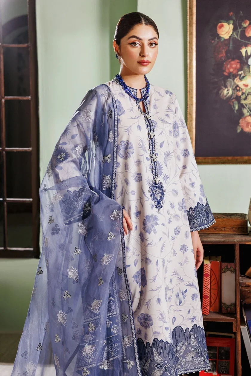 Alizeh Mahi V2 Blue Embroidered Lawn Dress - Image 3