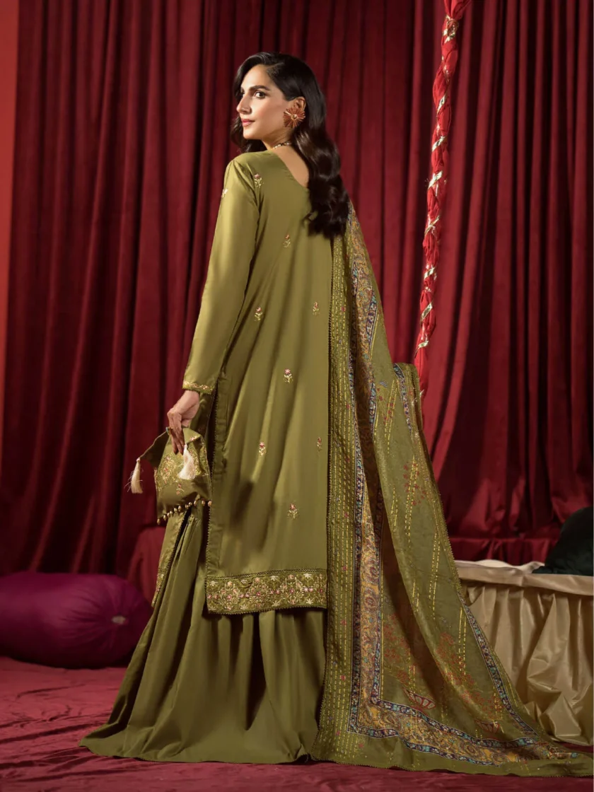 GullJee Ufaaq Olive Embroidered Luxury Lawn Dress - Image 2