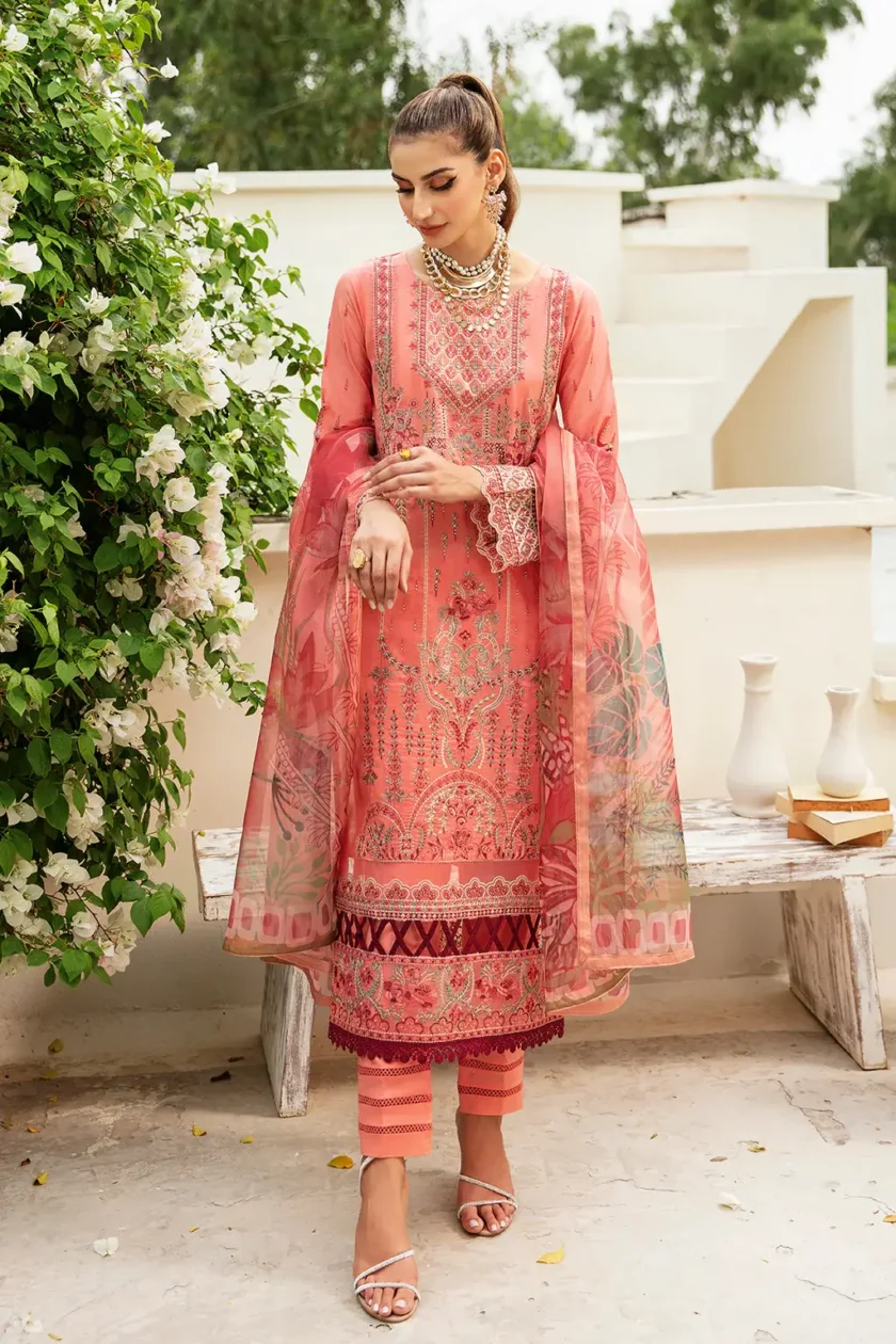ramsha orange 3 pcs embroidered lawn suit