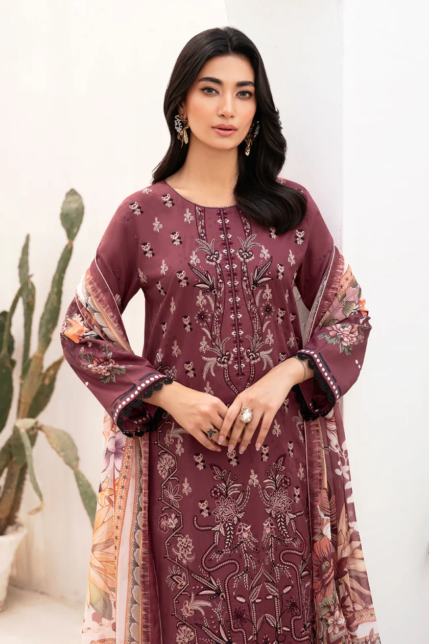 Ramsha Mashaal V2 3 Pc Maroon Luxury Lawn Dress - Image 3