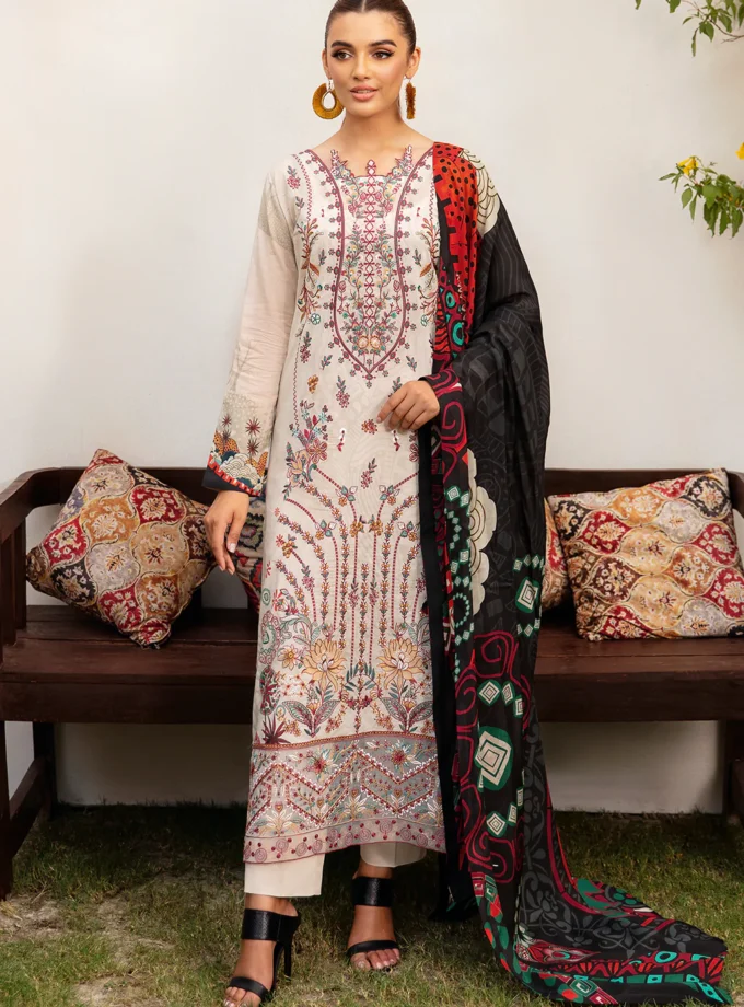 Ramsha Mashaal Unstitched Beige 3 Piece Embroidered Lawn Dress