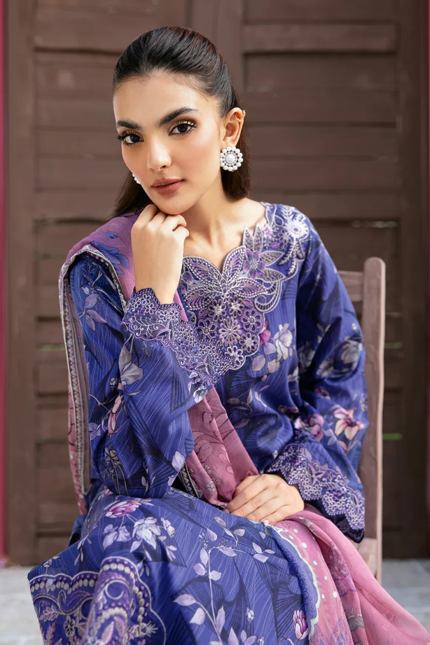 Blue Unstitched 3 Piece Embroidered Lawn Dress by Ramsha - Image 3