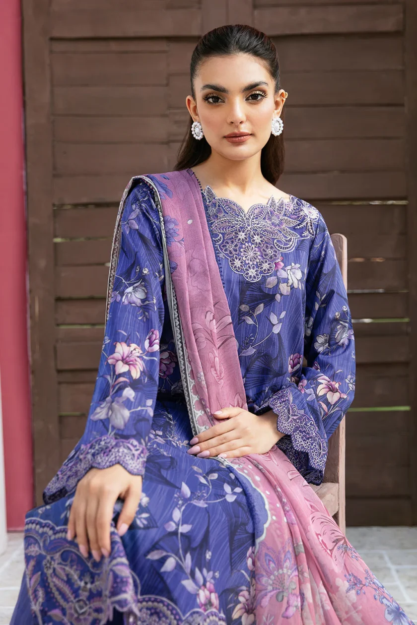 Blue Unstitched 3 Piece Embroidered Lawn Dress by Ramsha - Image 6