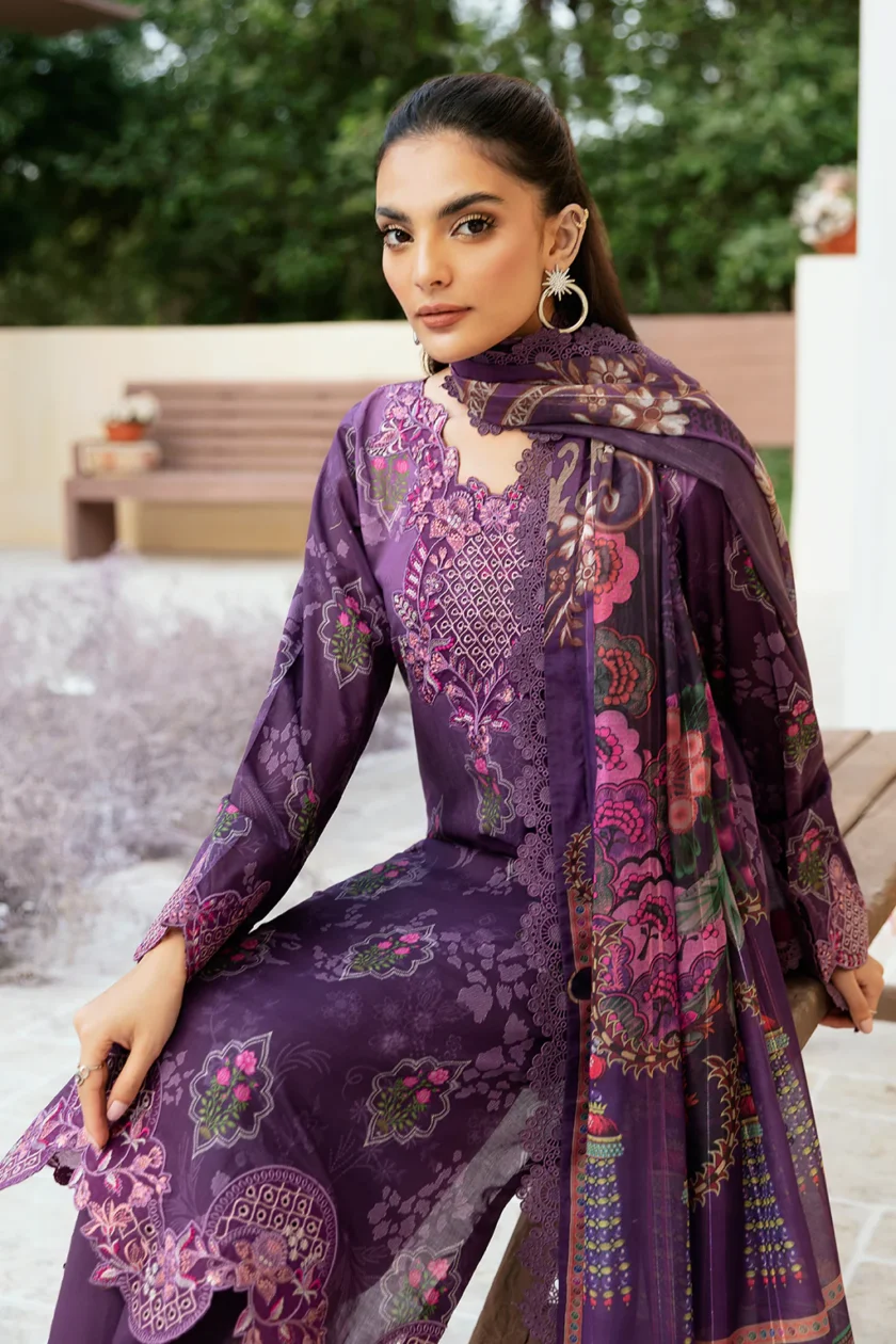 Ramsha Rangrez Unstitched Purple 3 Pc Embroidered Lawn Dress - Image 4