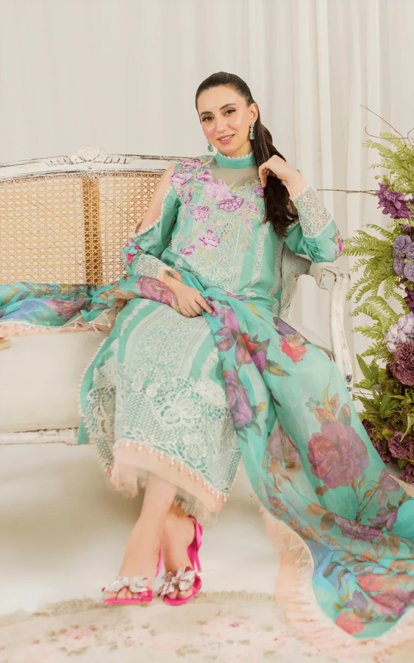 3Pc Unstitched Luxury Lawn Dress Water Lily by Asifa Nabeel - Image 4