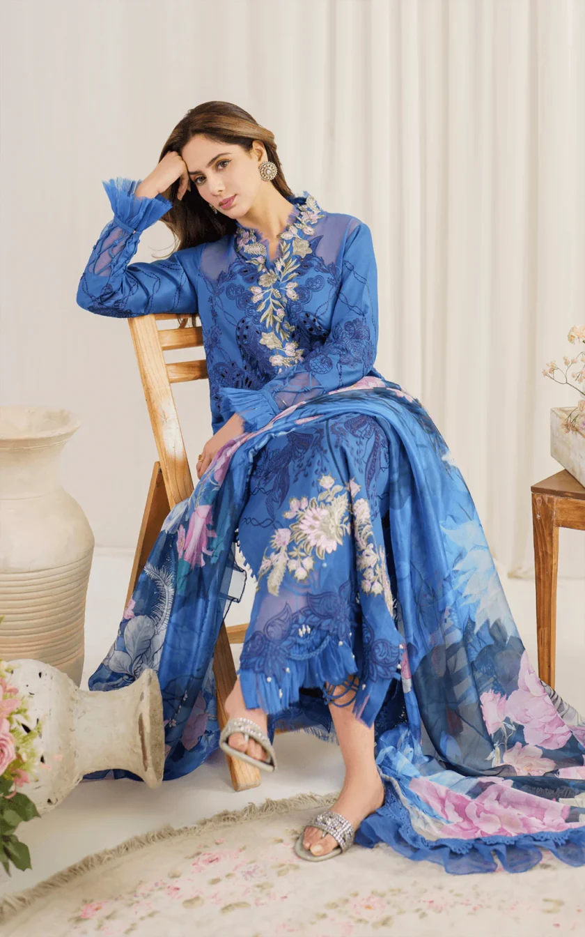 3Pc Unstitched Luxury Lawn Dress Peri Winkle by Asifa Nabeel - Image 3