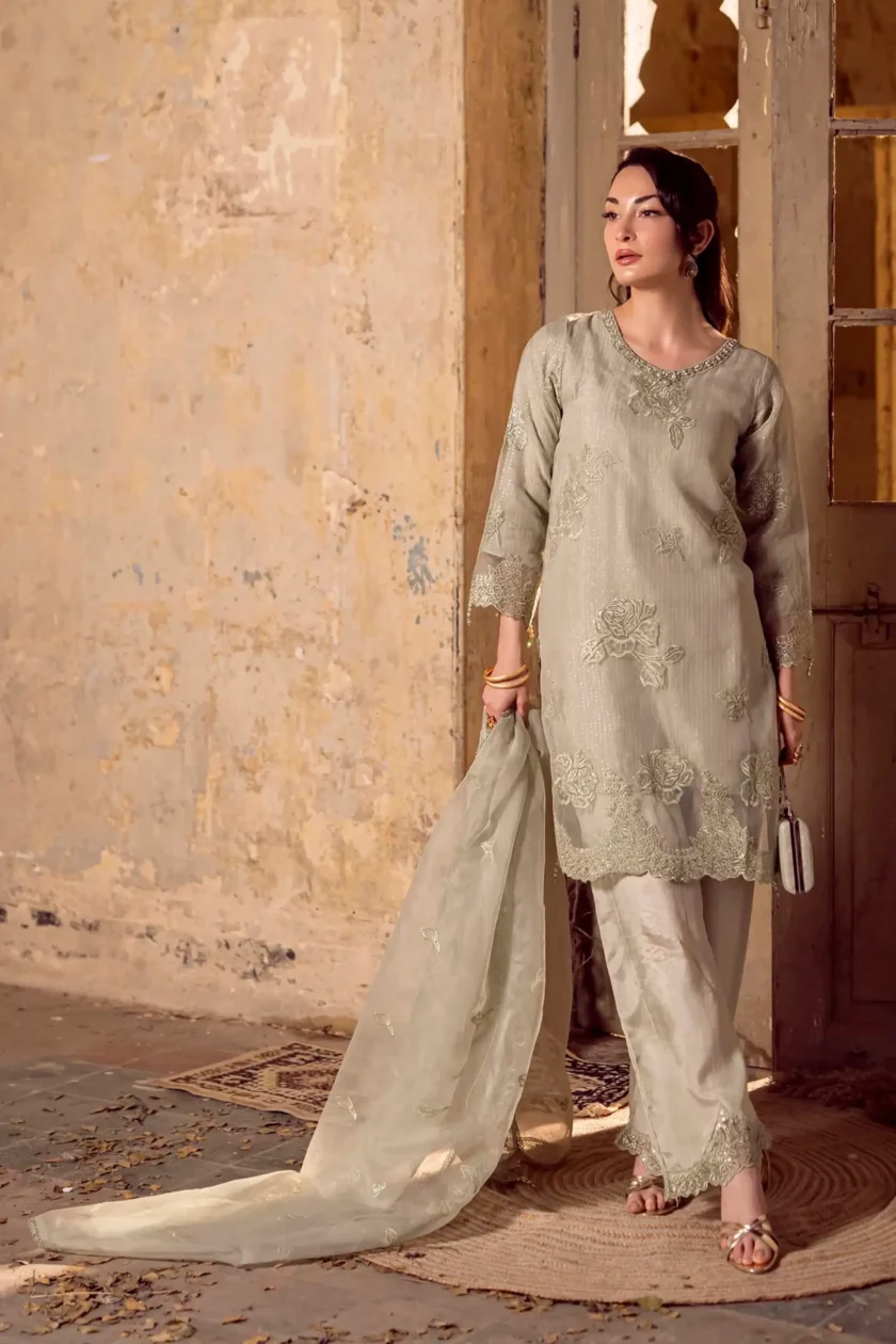 Stitched 4Pc Embroidered Organza Dress Guzel Sitara Noori - Image 10