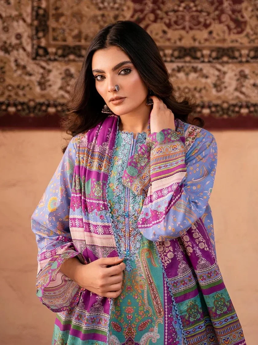 Unstitched 3Pc Embroidered Lawn Dress GullJee GulBano 01 - Image 3