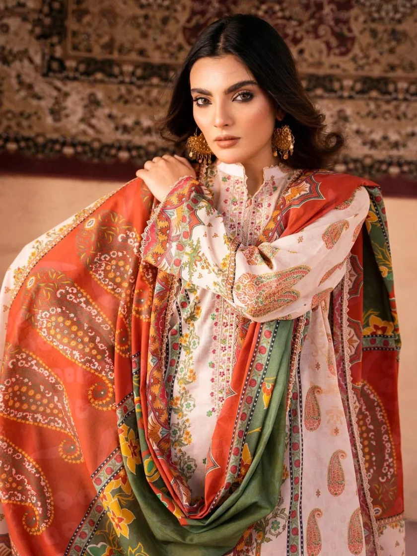 Unstitched 3Pc Embroidered Lawn Dress GullJee GulBano 03 - Image 3