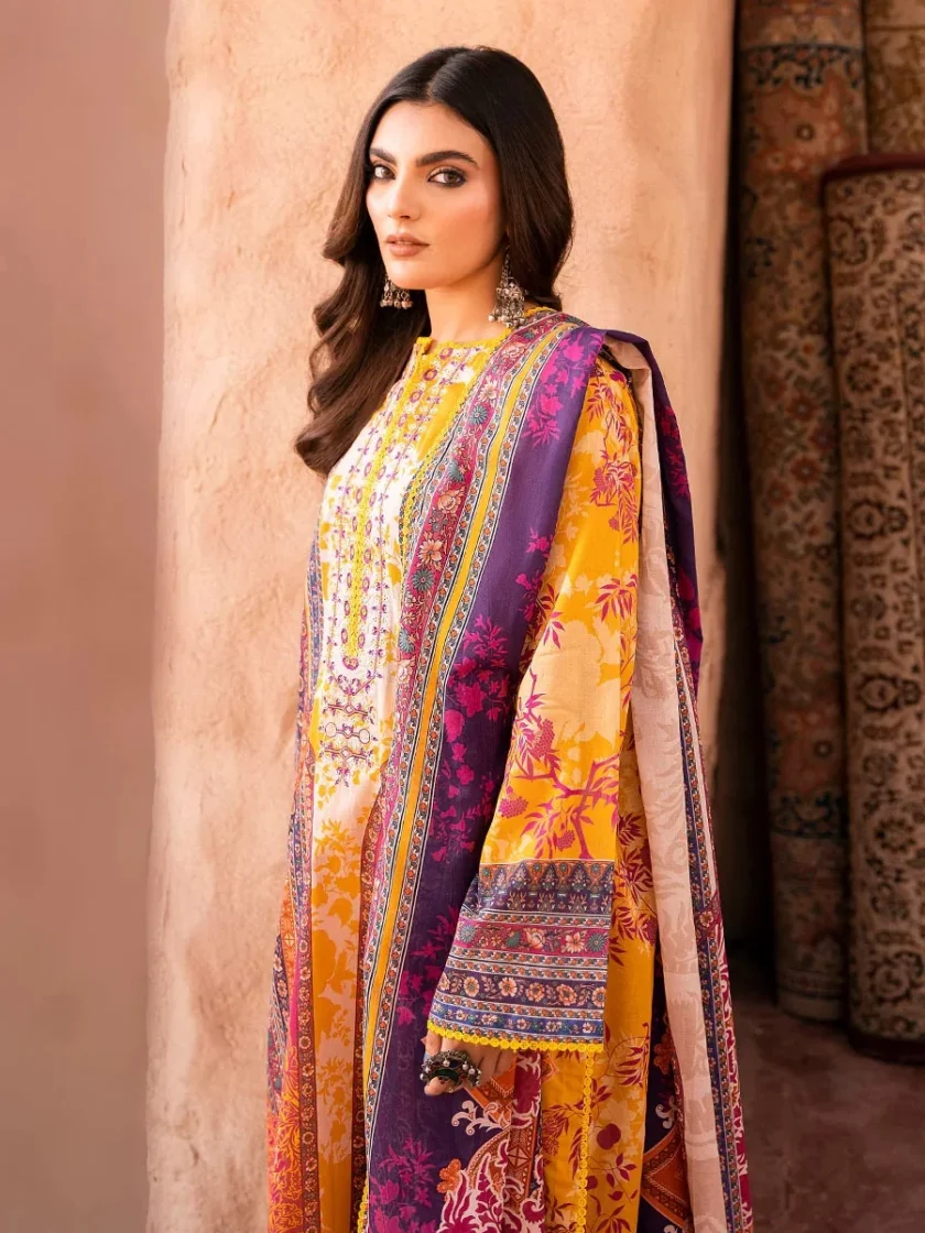 Unstitched 3Pc Embroidered Lawn Dress GullJee GulBano 06 - Image 3