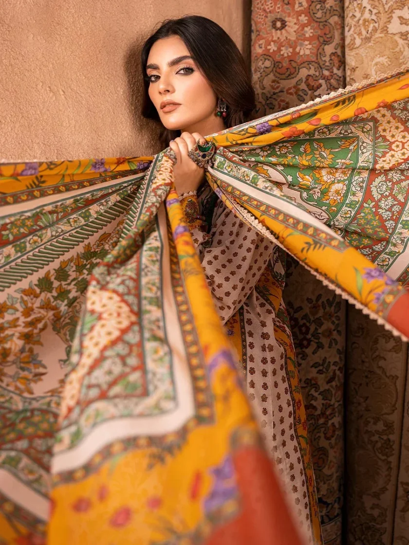 Unstitched 3Pc Embroidered Lawn Dress GullJee GulBano 07 - Image 3