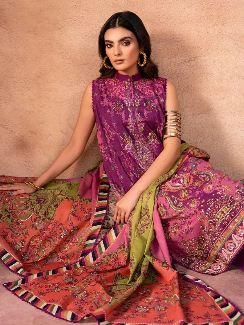 Unstitched 3Pc Embroidered Lawn Dress GullJee GulBano 09 - Image 3