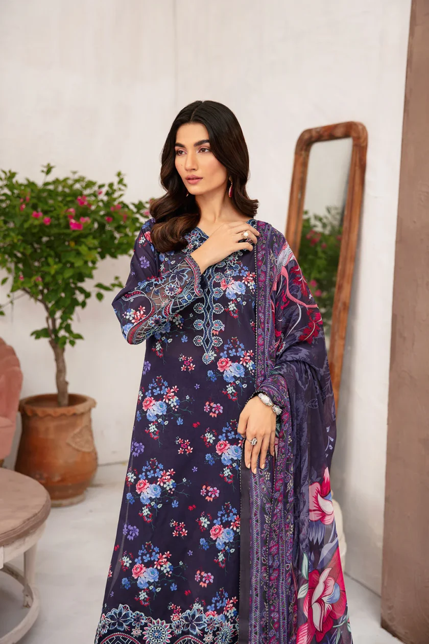 Unstitched 3Pc Embroidered Lawn Dress Ramsha Rangrez 701 - Image 3