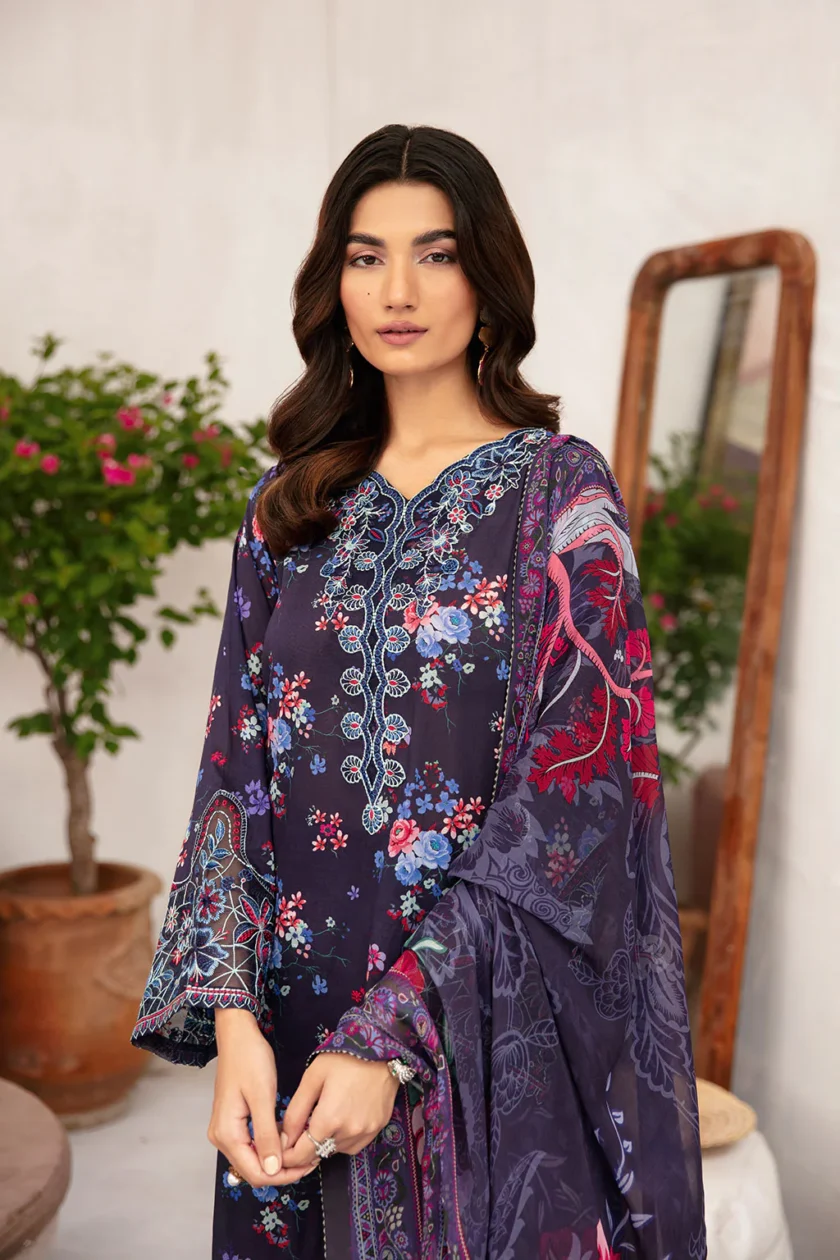 Unstitched 3Pc Embroidered Lawn Dress Ramsha Rangrez 701 - Image 4