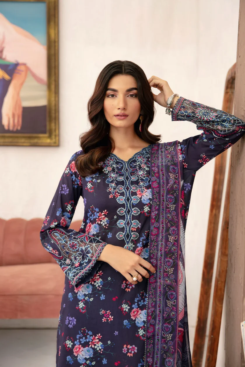 Unstitched 3Pc Embroidered Lawn Dress Ramsha Rangrez 701 - Image 5