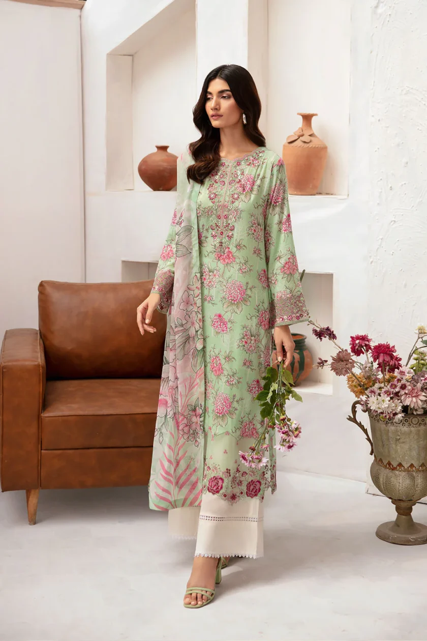 Unstitched 3Pc Embroidered Lawn Dress Ramsha Rangrez 702 - Image 2