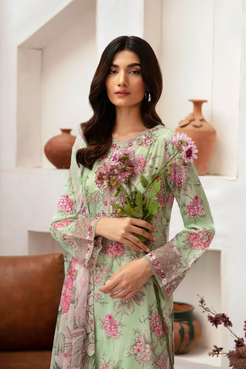 Unstitched 3Pc Embroidered Lawn Dress Ramsha Rangrez 702 - Image 3
