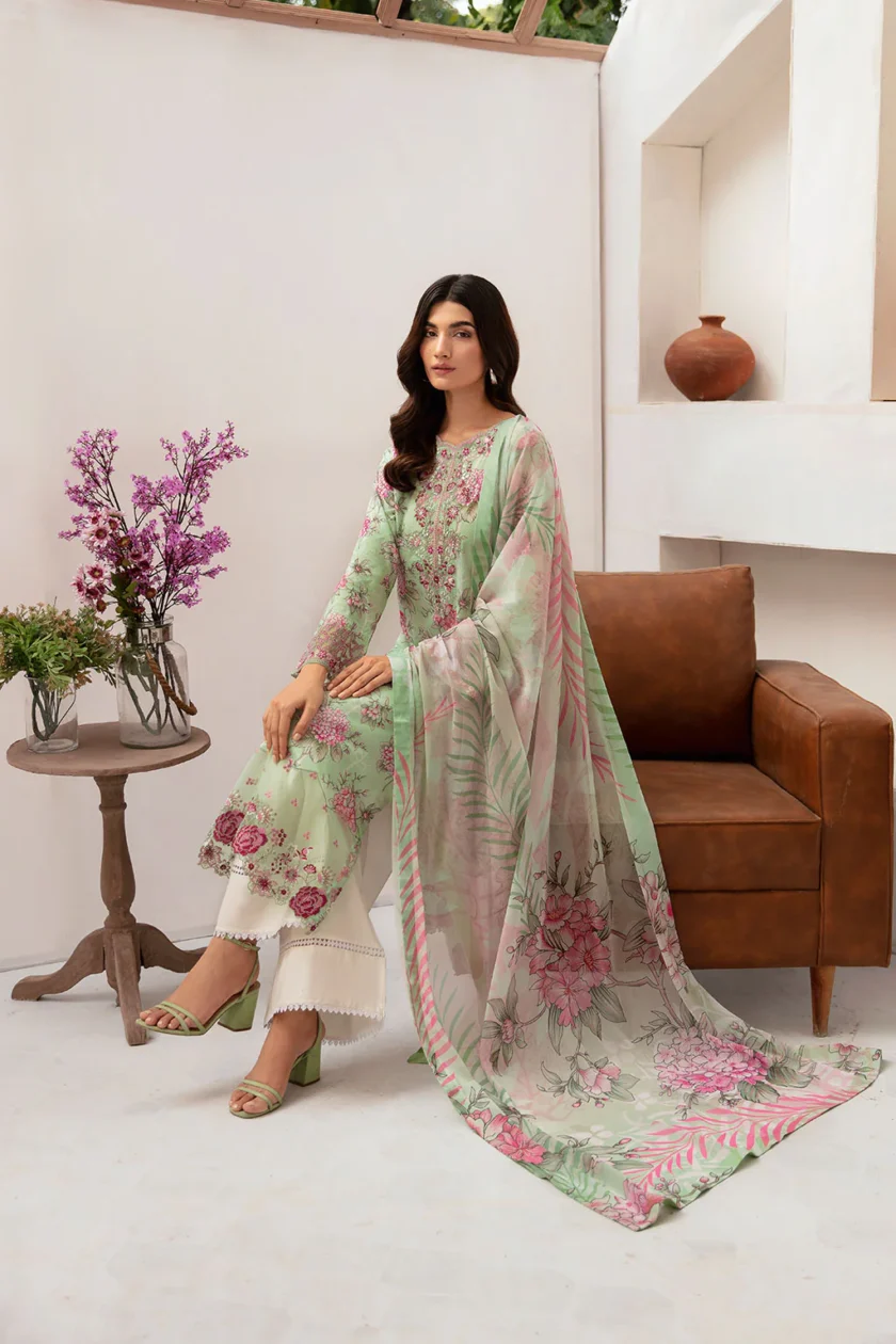 Unstitched 3Pc Embroidered Lawn Dress Ramsha Rangrez 702 - Image 5