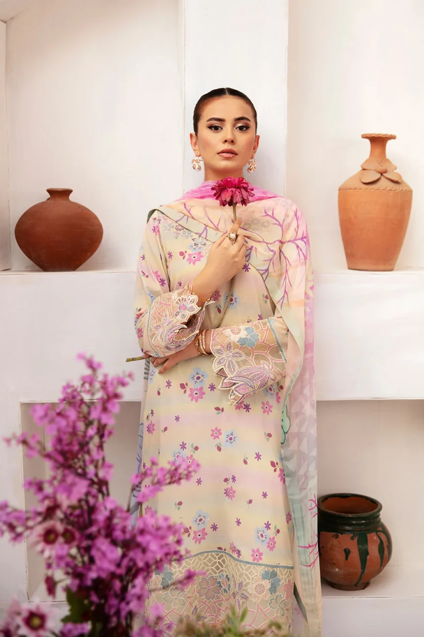 Unstitched 3Pc Embroidered Lawn Dress Ramsha Rangrez 704 - Image 4