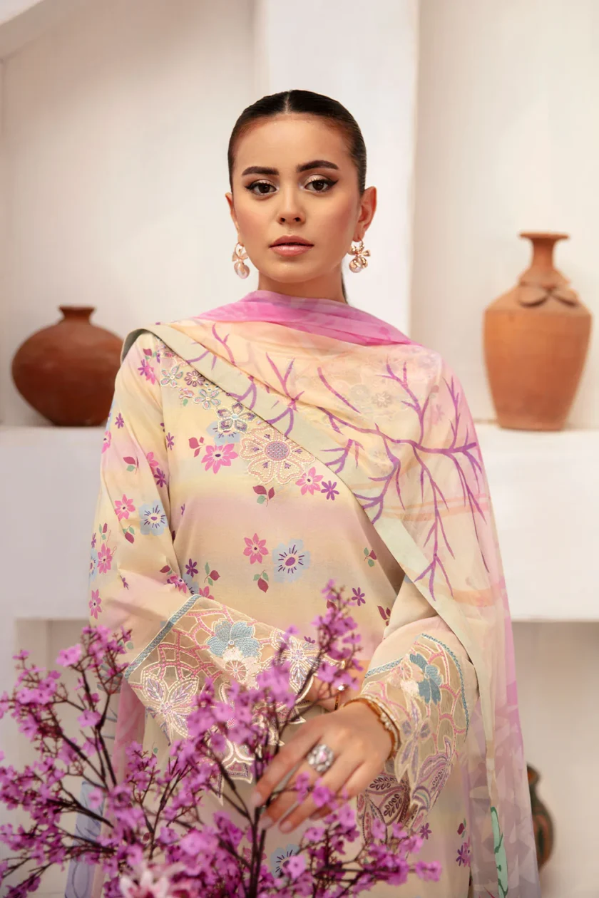 Unstitched 3Pc Embroidered Lawn Dress Ramsha Rangrez 704 - Image 5