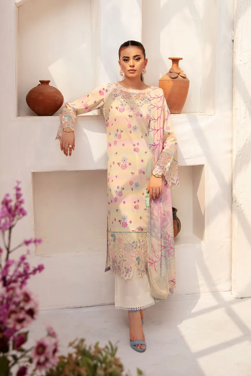 Unstitched 3Pc Embroidered Lawn Dress Ramsha Rangrez 704 - Image 6