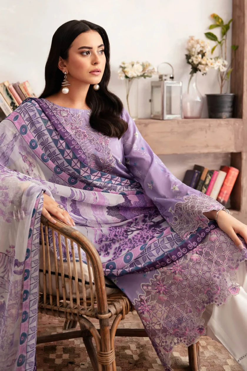 Unstitched 3Pc Embroidered Lawn Dress Ramsha Rangrez 708 - Image 4