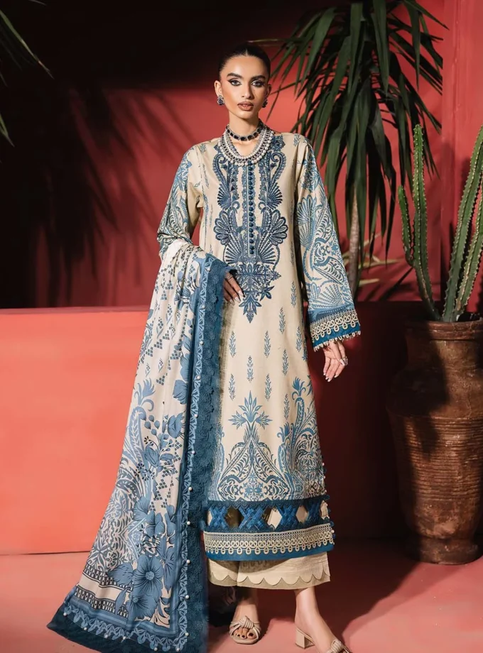 Unstitched 3 Piece Embroidered Lawn Dress Cream Jade Urbane