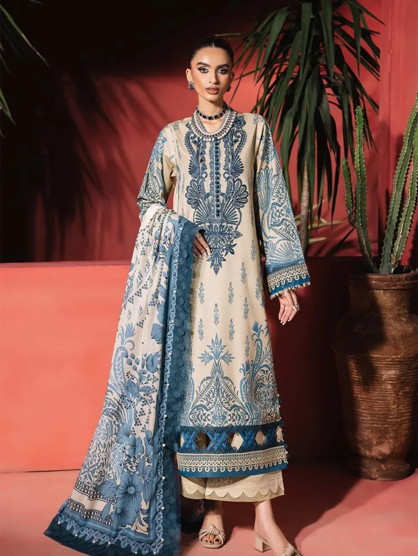 Unstitched 3 Piece Embroidered Lawn Dress Cream Jade Urbane