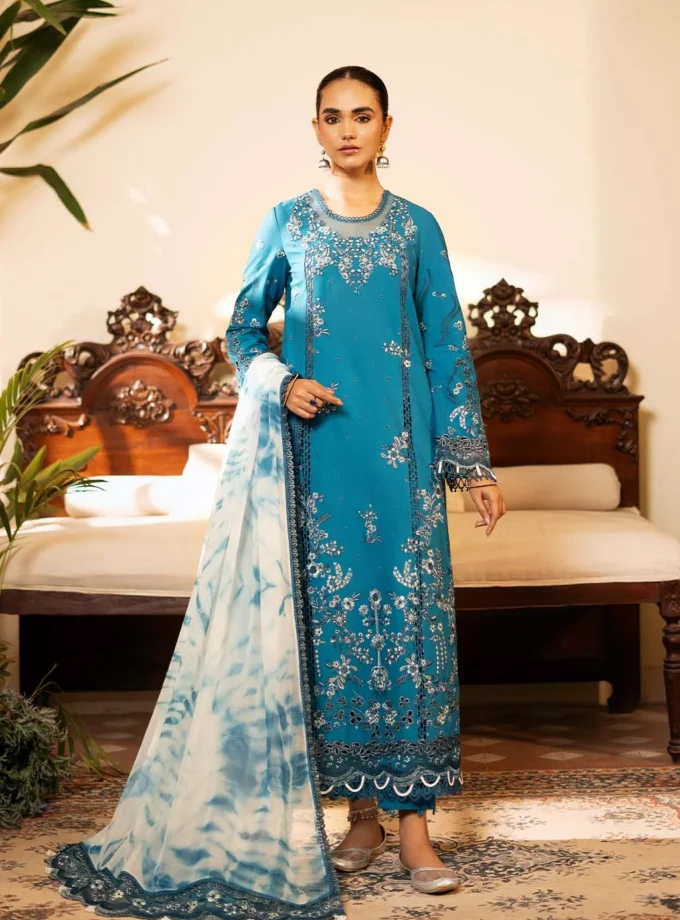 Unstitched 3 Piece Embroidered Luxury Lawn Dress Gulbano Sajni Zarposh