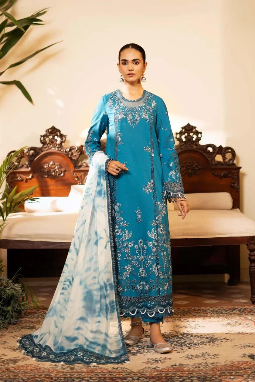 Unstitched 3 Piece Embroidered Luxury Lawn Dress Gulbano Sajni Zarposh