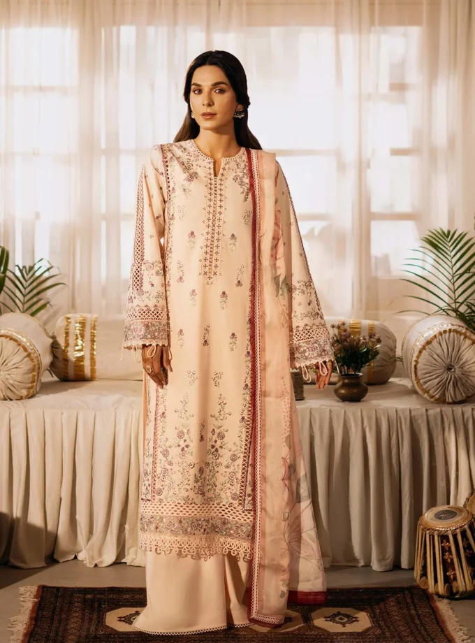 Unstitched 3 Piece Embroidered Luxury Lawn Dress Gulbano Sajni Zarposh