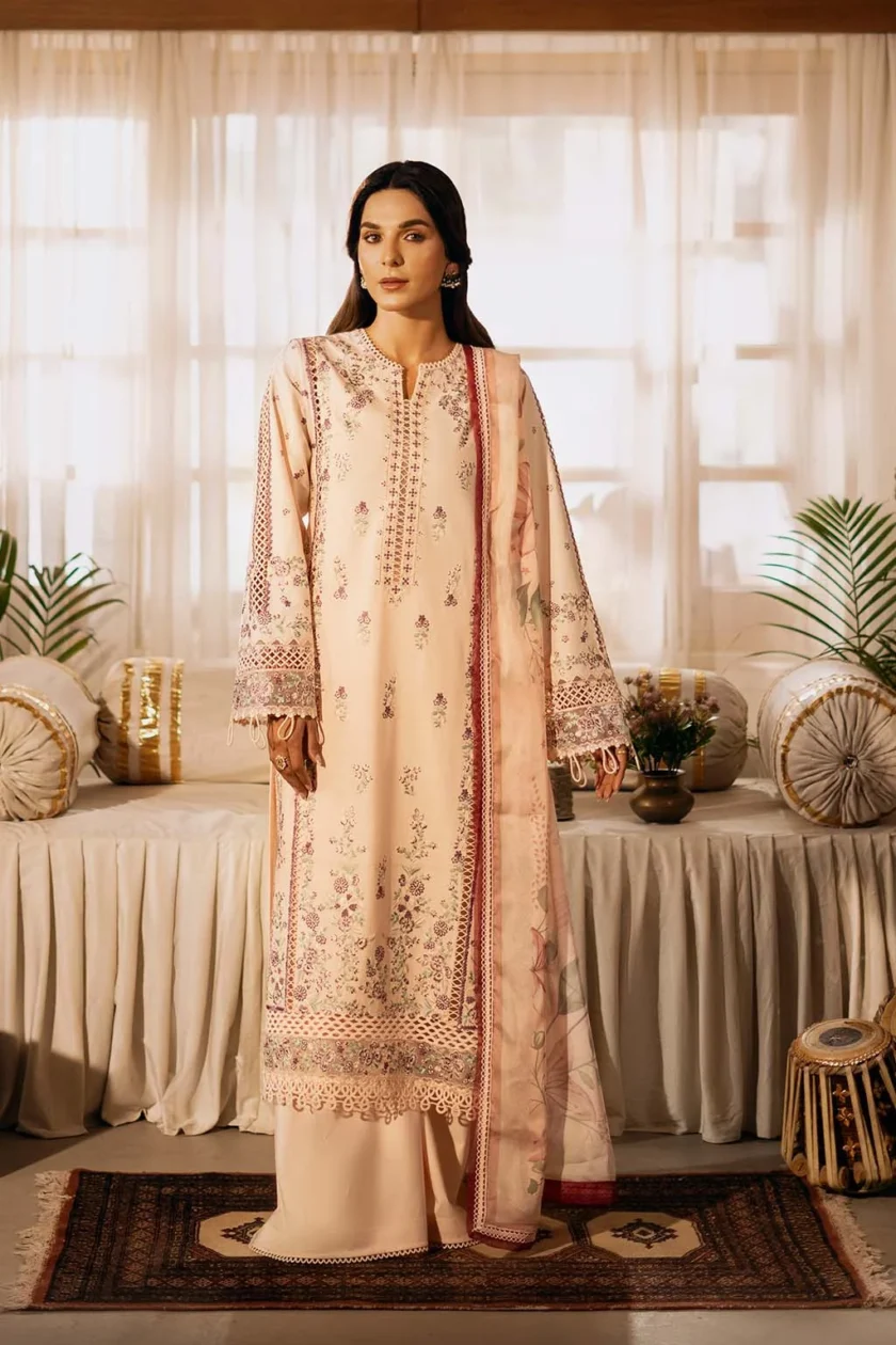 Unstitched 3 Piece Embroidered Luxury Lawn Dress Gulbano Sajni Zarposh
