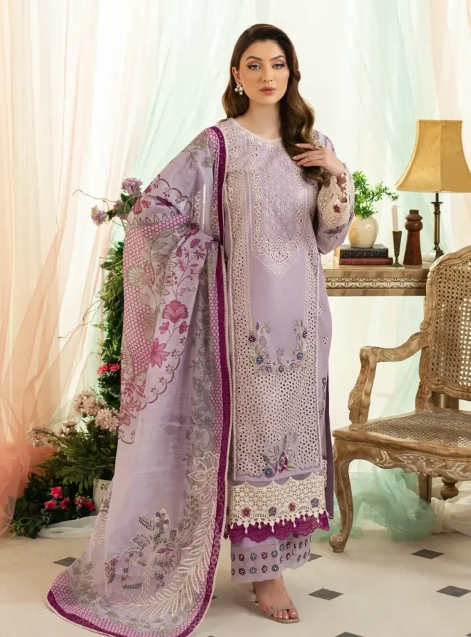 Unstitched 3Pc Printed Embroidered Lawn Dress Aneela Rizwan Lavender Bliss