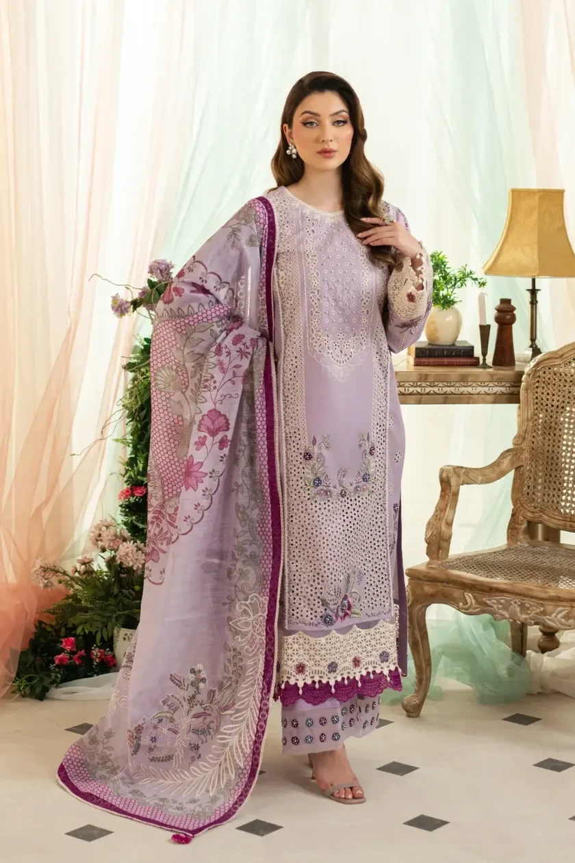 Unstitched 3Pc Printed Embroidered Lawn Dress Aneela Rizwan Lavender Bliss