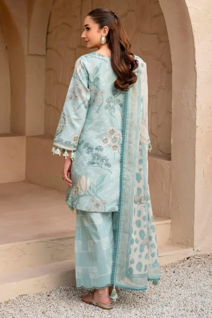 Unstitched 3Pc Printed Embroidered Lawn Dress Alizeh Fawn - Image 2